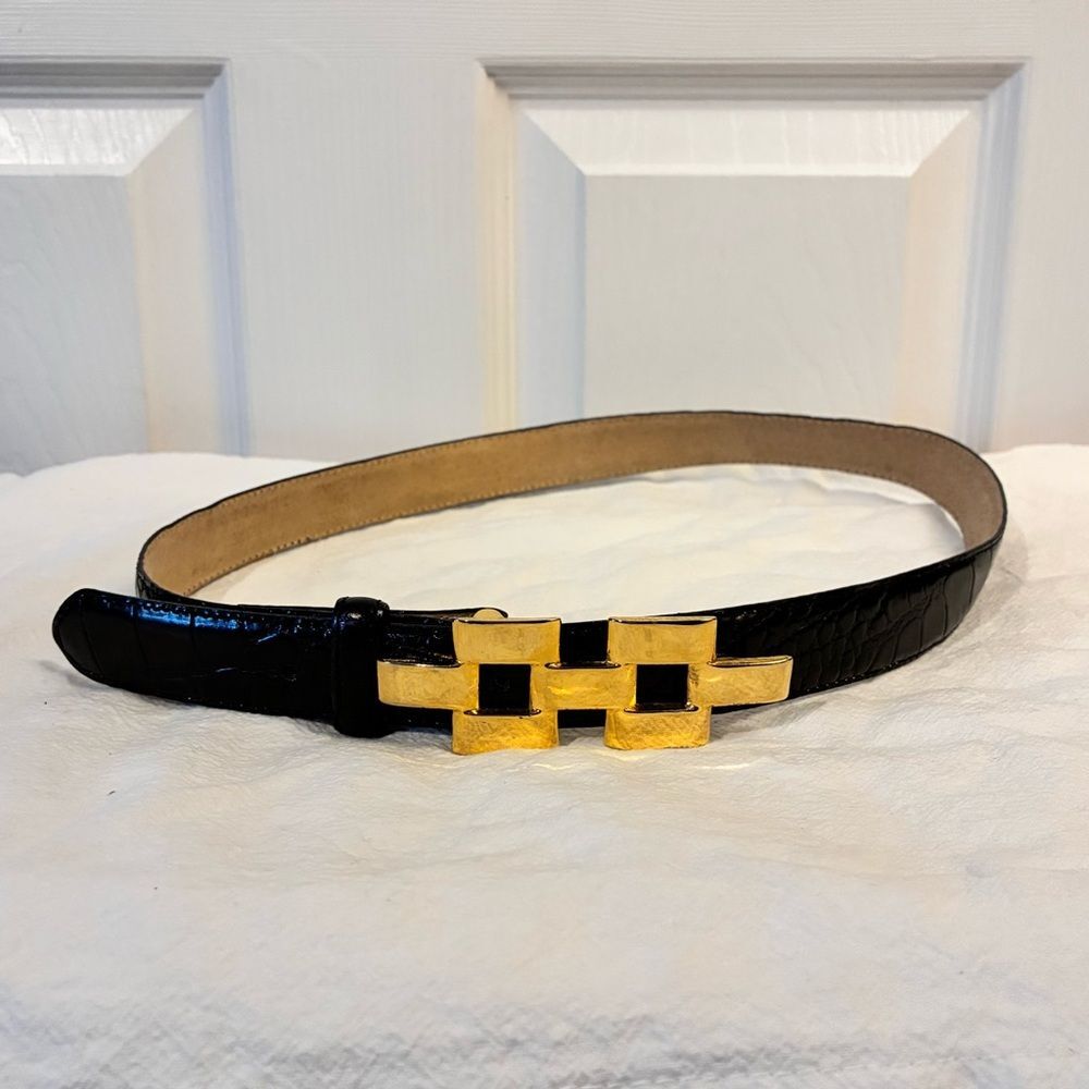 Black Leather Croc-Embossed Belt Gold Buckle Size S/M